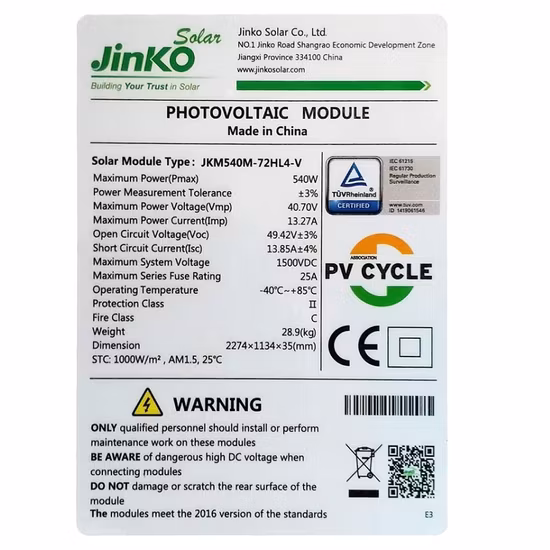 Jinko Panel Solar 540W High Efficiency Half Cut Mono House Solar Panels